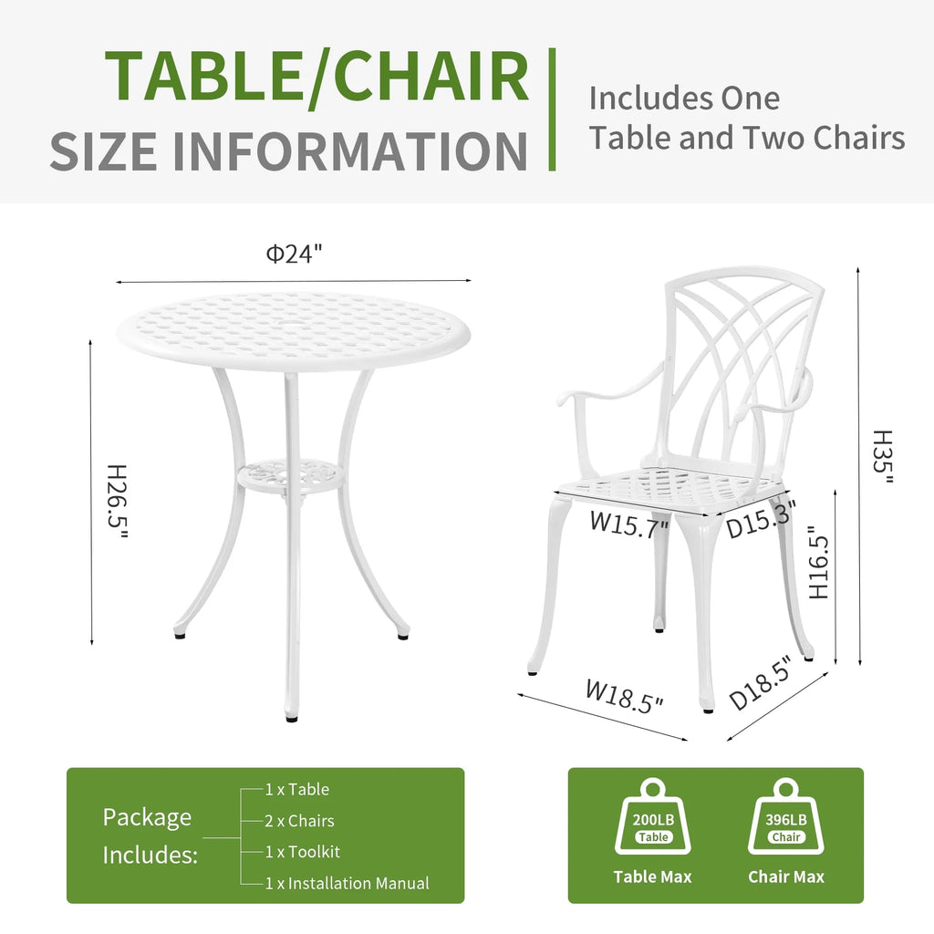 3 Piece Cast Aluminum Patio Bistro Table and Chairs Set of 2 White I8488