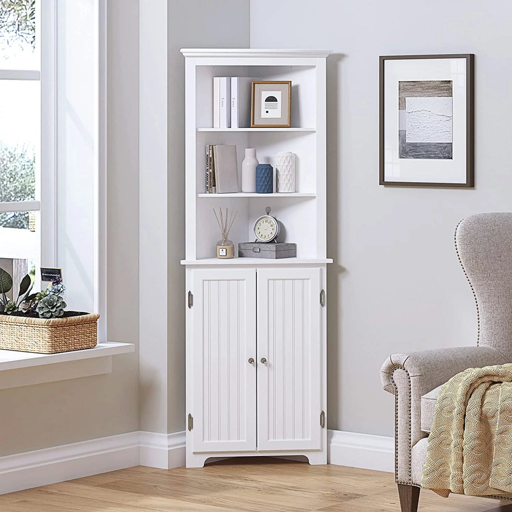 White Tall Corner Bathroom Cabinet with Doors and Hutch V7326