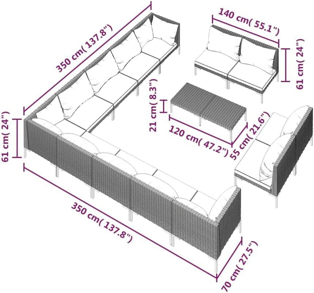 14 Piece Patio Lounge Set with Cushions Poly Rattan Dark Gray B932
