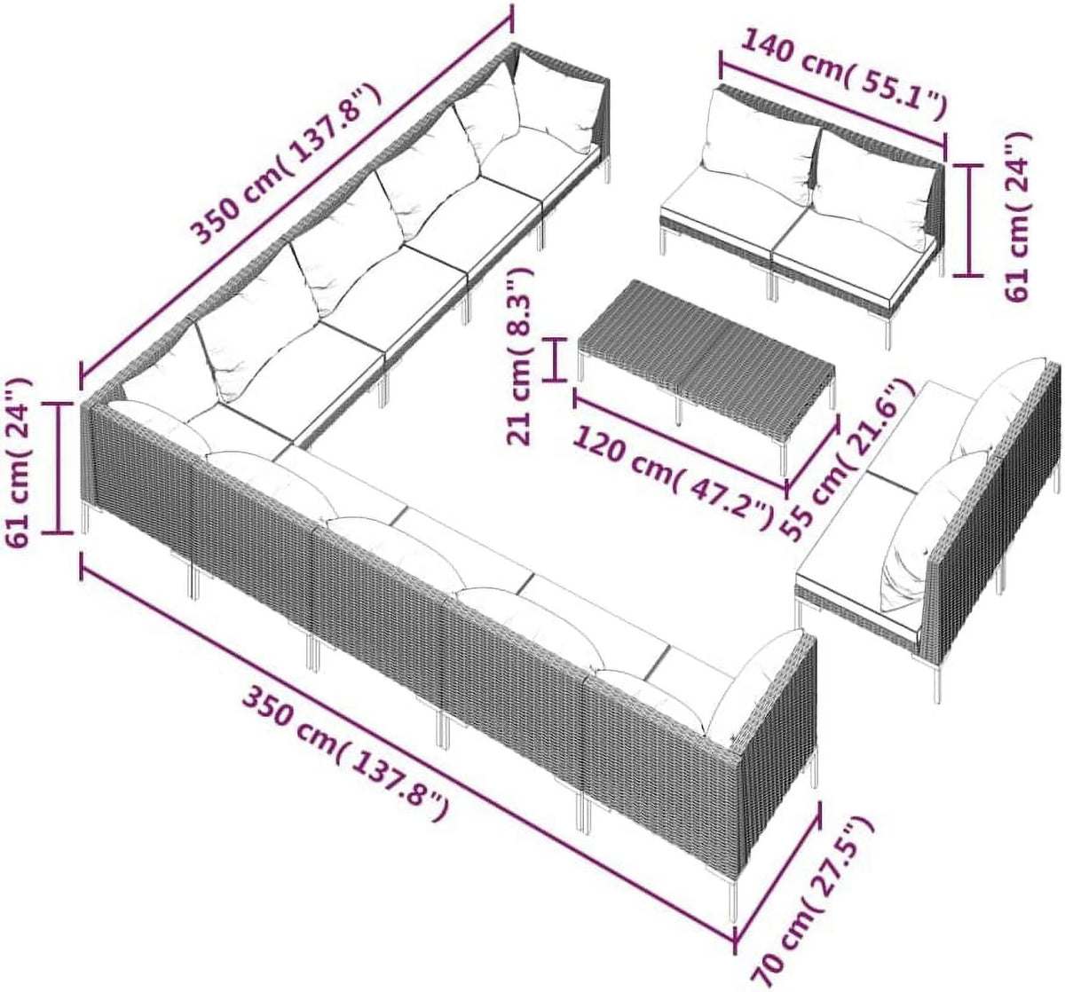 14 Piece Patio Lounge Set with Cushions Poly Rattan Dark Gray B932