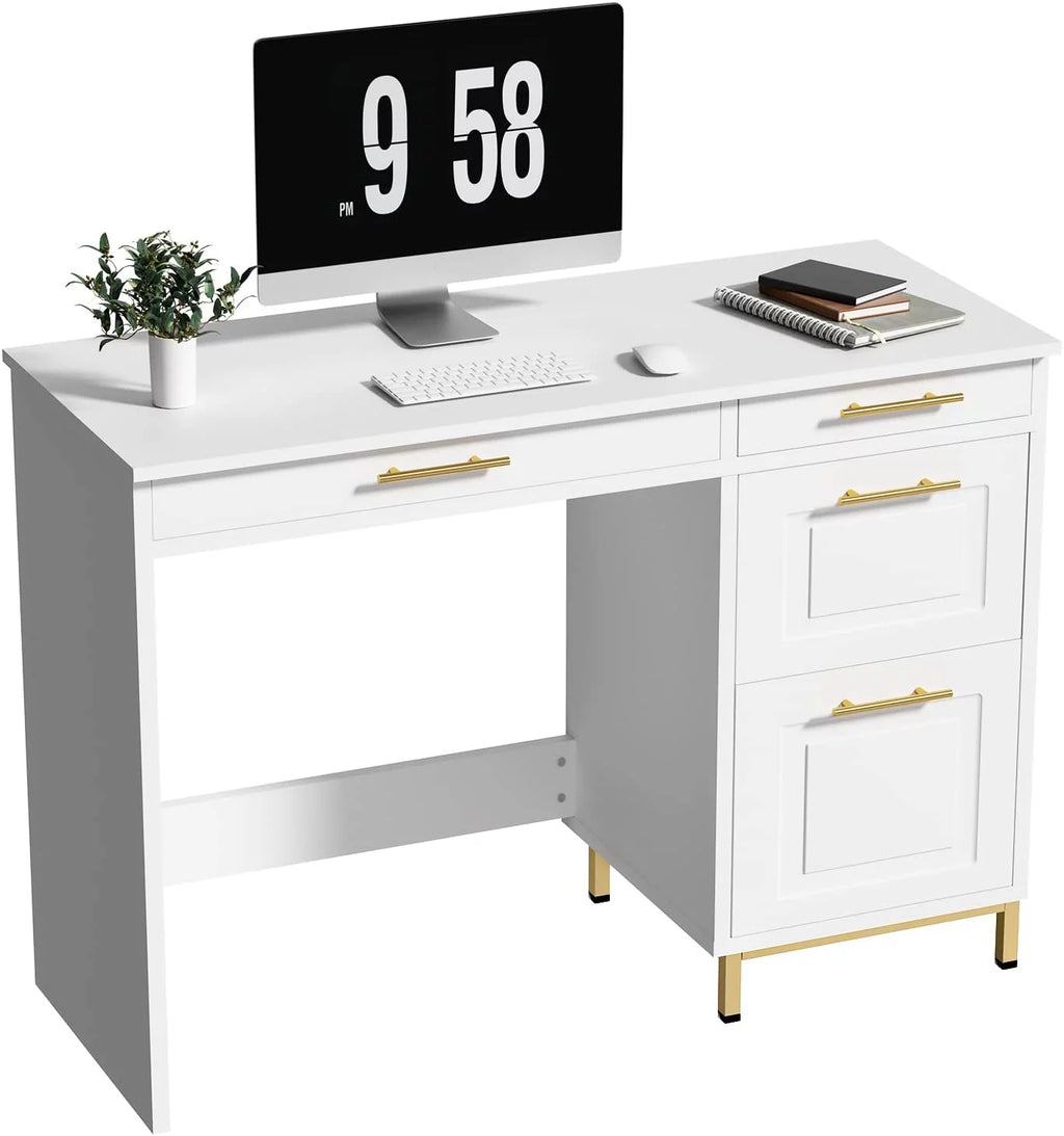 White and Gold Computer Desk with 4 Drawers K977