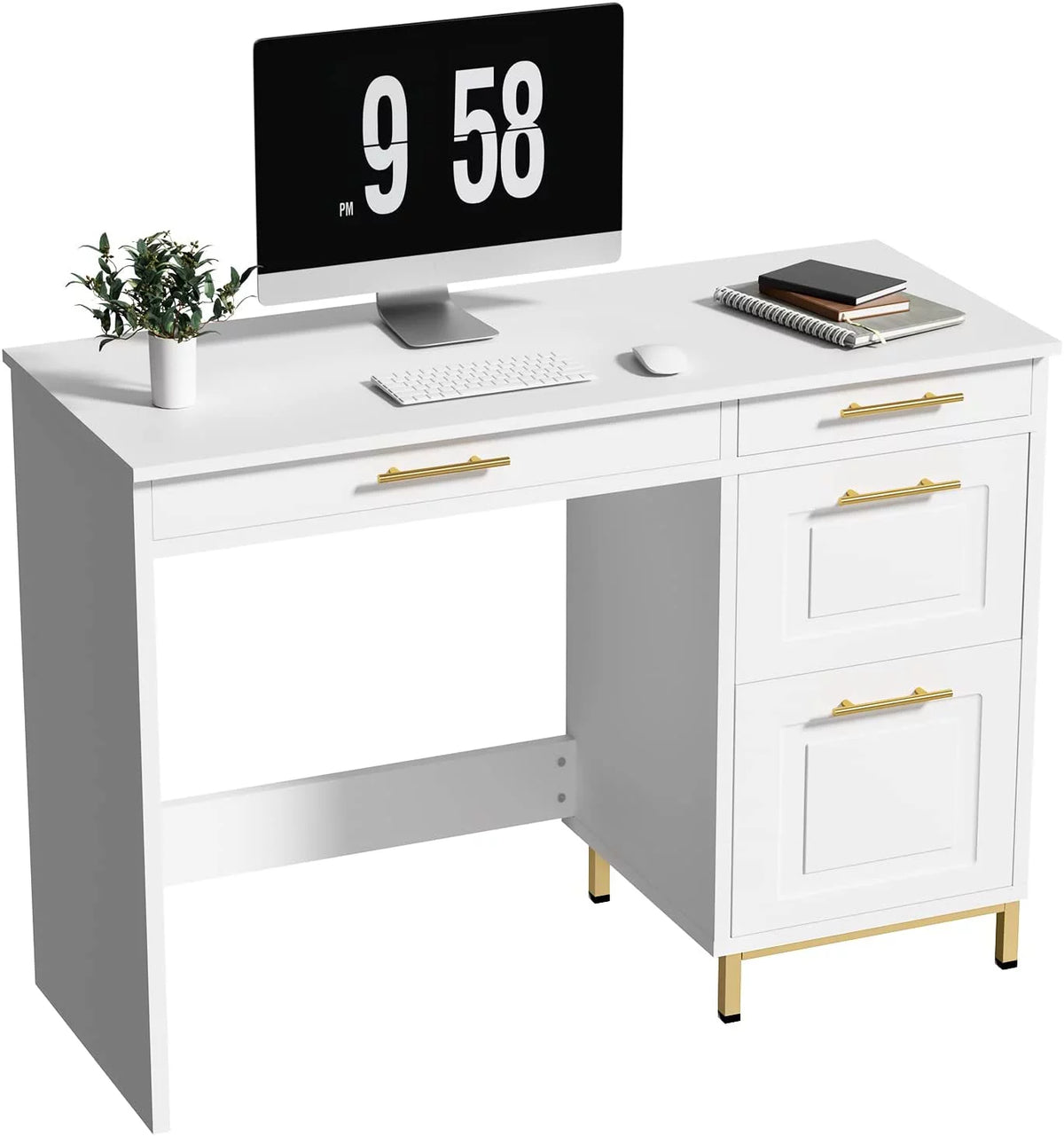 White and Gold Computer Desk with 4 Drawers K977