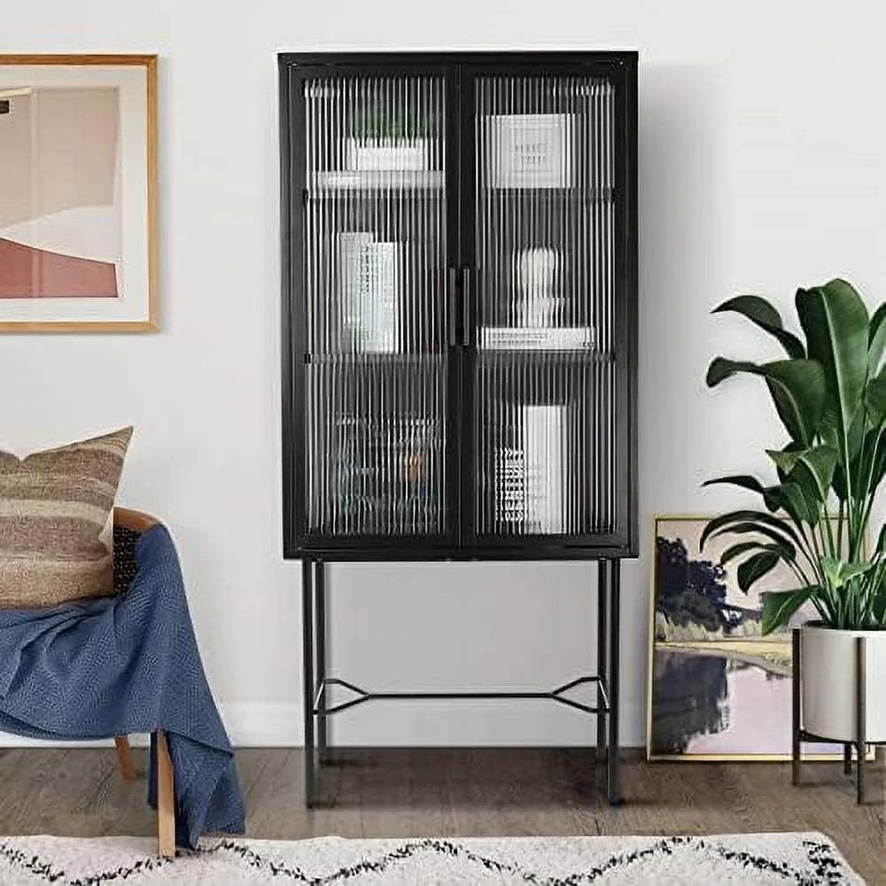 Tall Fluted Glass Door Cabinet with 2-Tier Adjustable Shelves Blue V7300