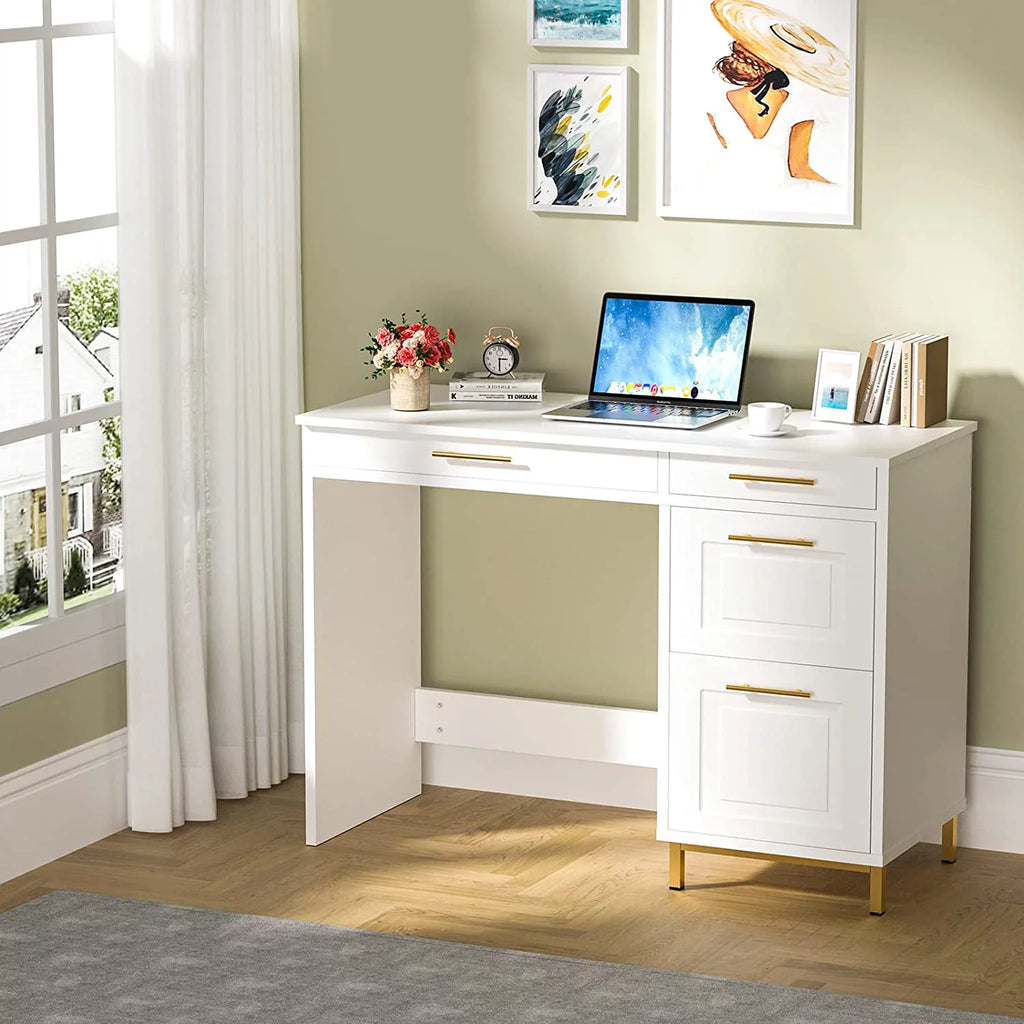 White and Gold Computer Desk with 4 Drawers K977