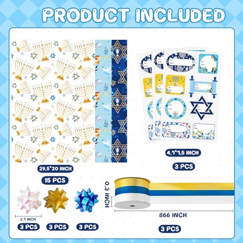 30 Pcs Hanukkah Wrapping Paper Gift Tags Bows Ribbon J2967