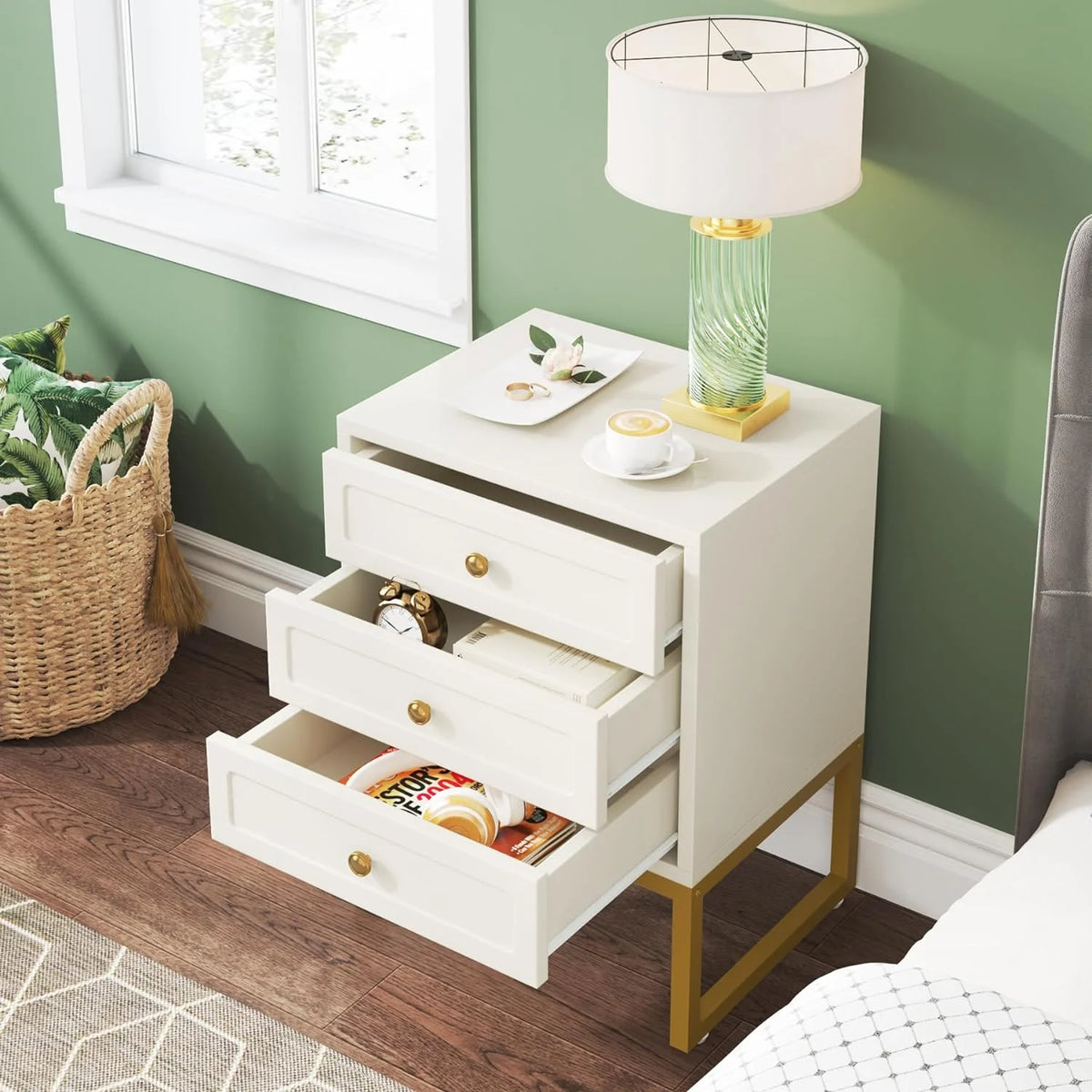 Modern 3 Drawer Wood Nightstand with Gold Metal Legs Y826