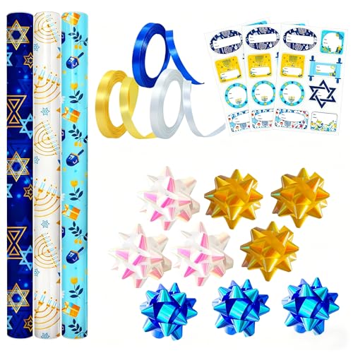 30 Pcs Hanukkah Wrapping Paper Gift Tags Bows Ribbon J2967