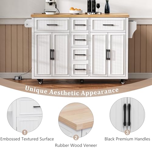 56.5" Rolling Kitchen Island with Drop Leaf, Power Outlet, 4 Doors, 5 Drawers, Black I233